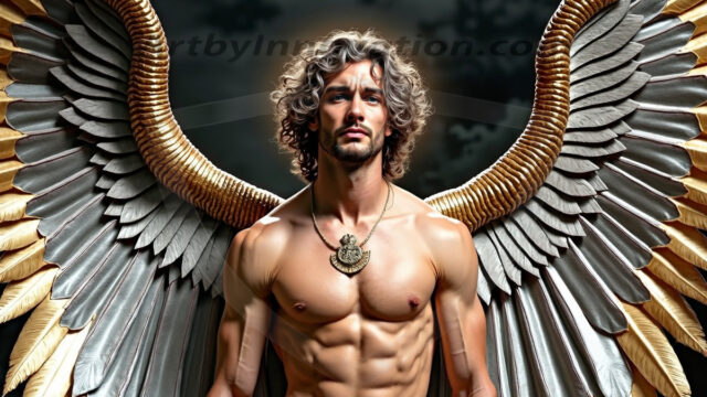 A photograph of a handsome golden male angel. With huge vibrate golden feathered wings, with golden radiant light rays, golden halo lighting, reflecting light in a mesmerizing way. He is stunningly handsome, beautiful, amidst a background of a chaos and destruction.