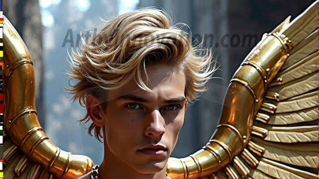 A photograph of a handsome golden male angel. With huge vibrate golden feathered wings, with golden radiant light rays, golden halo lighting, reflecting light in a mesmerizing way. He is stunningly handsome, beautiful, amidst a background of a chaos and destruction.