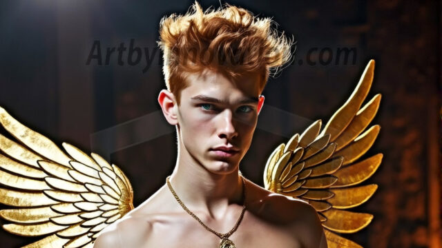 A photograph of a handsome golden male angel. With huge vibrate golden feathered wings, with golden radiant light rays, golden halo lighting, reflecting light in a mesmerizing way. He is stunningly handsome, beautiful, amidst a background of a chaos and destruction.