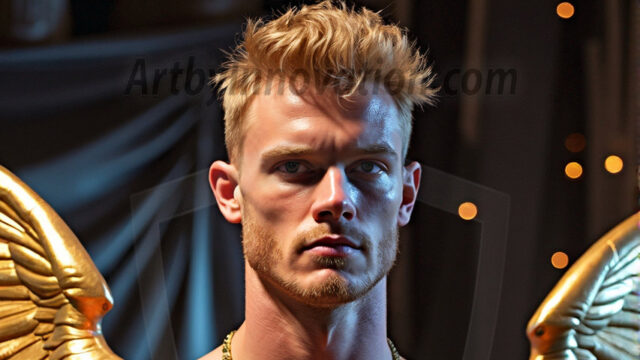 A photograph of a handsome golden male angel. With huge vibrate golden feathered wings, with golden radiant light rays, golden halo lighting, reflecting light in a mesmerizing way. He is stunningly handsome, beautiful, amidst a background of a chaos and destruction.