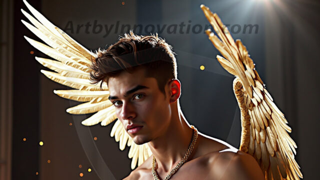 A photograph of a handsome golden male angel. With huge vibrate golden feathered wings, with golden radiant light rays, golden halo lighting, reflecting light in a mesmerizing way. He is stunningly handsome, beautiful, amidst a background of a chaos and destruction.