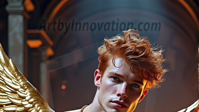 A photograph of a handsome golden male angel. With huge vibrate golden feathered wings, with golden radiant light rays, golden halo lighting, reflecting light in a mesmerizing way. He is stunningly handsome, beautiful, amidst a background of a chaos and destruction.