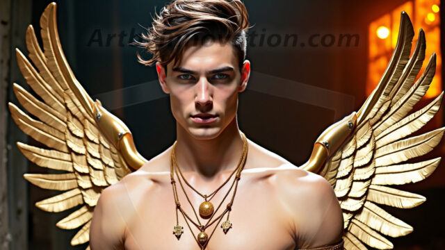 A photograph of a handsome golden male angel. With huge vibrate golden feathered wings, with golden radiant light rays, golden halo lighting, reflecting light in a mesmerizing way. He is stunningly handsome, beautiful, amidst a background of a chaos and destruction.