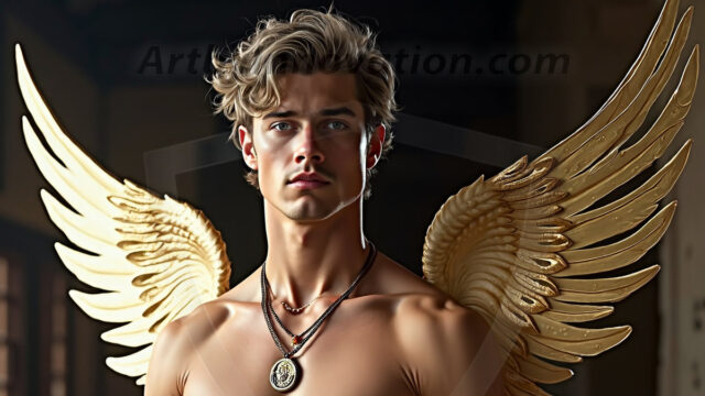 A photograph of a handsome golden male angel. With huge vibrate golden feathered wings, with golden radiant light rays, golden halo lighting, reflecting light in a mesmerizing way. He is stunningly handsome, beautiful, amidst a background of a chaos and destruction.