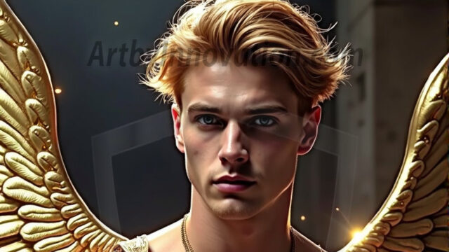 A photograph of a handsome golden male angel. With huge vibrate golden feathered wings, with golden radiant light rays, golden halo lighting, reflecting light in a mesmerizing way. He is stunningly handsome, beautiful, amidst a background of a chaos and destruction.