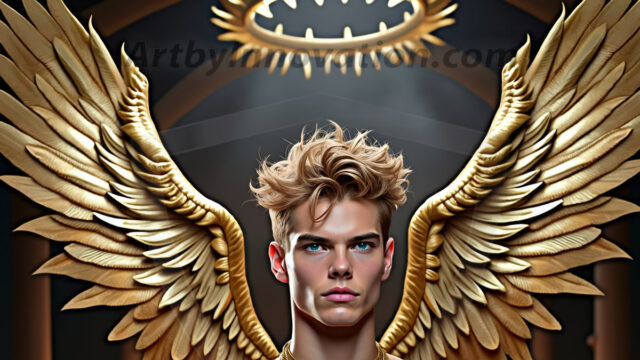 A photograph of a handsome golden male angel. With huge vibrate golden feathered wings, with golden radiant light rays, golden halo lighting, reflecting light in a mesmerizing way. He is stunningly handsome, beautiful, amidst a background of a chaos and destruction.