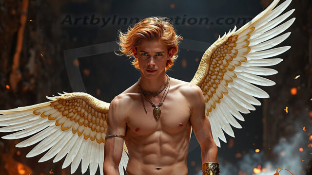 A photograph of a handsome golden male angel. With huge vibrate golden feathered wings, with golden radiant light rays, golden halo lighting, reflecting light in a mesmerizing way. He is stunningly handsome, beautiful, amidst a background of a chaos and destruction.