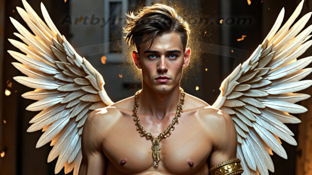 A photograph of a handsome golden male angel. With huge vibrate golden feathered wings, with golden radiant light rays, golden halo lighting, reflecting light in a mesmerizing way. He is stunningly handsome, beautiful, amidst a background of a chaos and destruction.