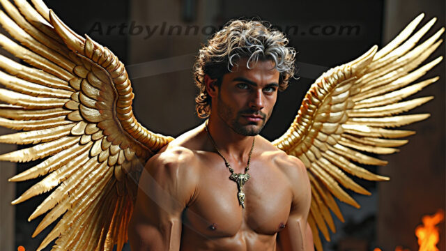 A photograph of a handsome golden male angel. With huge vibrate golden feathered wings, with golden radiant light rays, golden halo lighting, reflecting light in a mesmerizing way. He is stunningly handsome, beautiful, amidst a background of a chaos and destruction.
