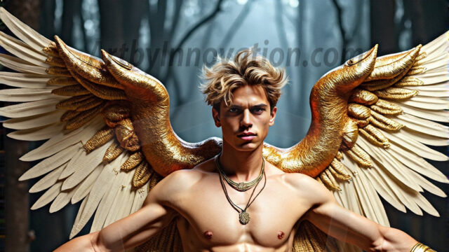 A photograph of a handsome golden male angel. With huge vibrate golden feathered wings, with golden radiant light rays, golden halo lighting, reflecting light in a mesmerizing way. He is stunningly handsome, beautiful, amidst a background of a chaos and destruction.