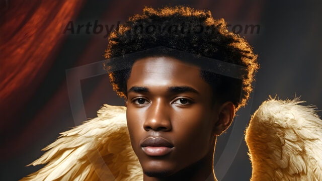 A photograph of a handsome golden male angel. With huge vibrate golden feathered wings, with golden radiant light rays, golden halo lighting, reflecting light in a mesmerizing way. He is stunningly handsome, beautiful, amidst a background of a chaos and destruction.