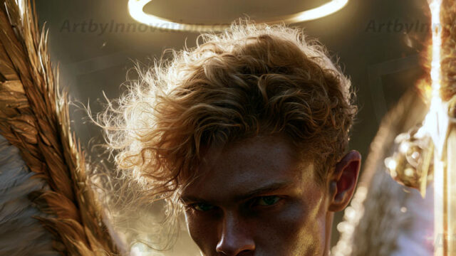 God's most radiant warriors. This AI-generated golden angel collection features stunningly handsome male angels with enormous golden feathered wings, bathed in golden radiant light rays and divine halo lighting. Set against backdrops ranging from chaotic battlefields to celestial heavenly realms, each golden angel radiates a divine beauty that is both commanding and breathtaking. Created using AI, edited in Photoshop, by © Jeff Dupler | Art by Innovation | https://www.artbyinnovation.com