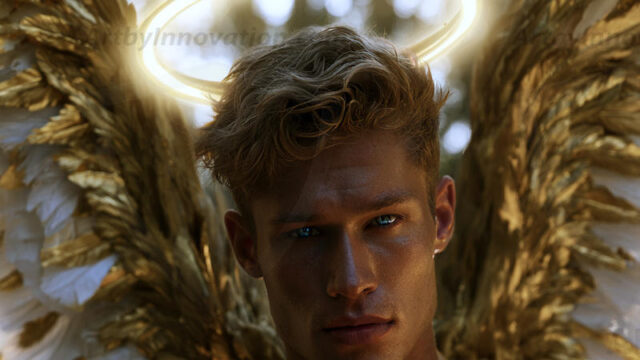 God's most radiant warriors. This AI-generated golden angel collection features stunningly handsome male angels with enormous golden feathered wings, bathed in golden radiant light rays and divine halo lighting. Set against backdrops ranging from chaotic battlefields to celestial heavenly realms, each golden angel radiates a divine beauty that is both commanding and breathtaking. Created using AI, edited in Photoshop, by © Jeff Dupler | Art by Innovation | https://www.artbyinnovation.com