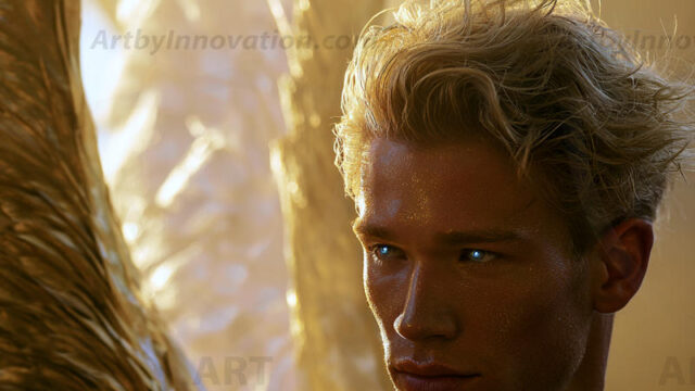 God's most radiant warriors. This AI-generated golden angel collection features stunningly handsome male angels with enormous golden feathered wings, bathed in golden radiant light rays and divine halo lighting. Set against backdrops ranging from chaotic battlefields to celestial heavenly realms, each golden angel radiates a divine beauty that is both commanding and breathtaking. Created using AI, edited in Photoshop, by © Jeff Dupler | Art by Innovation | https://www.artbyinnovation.com