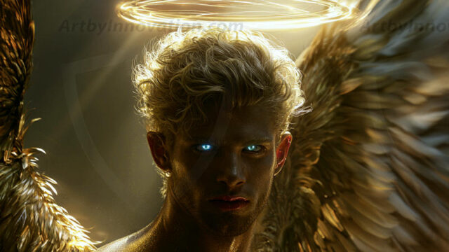 God's most radiant warriors. This AI-generated golden angel collection features stunningly handsome male angels with enormous golden feathered wings, bathed in golden radiant light rays and divine halo lighting. Set against backdrops ranging from chaotic battlefields to celestial heavenly realms, each golden angel radiates a divine beauty that is both commanding and breathtaking. Created using AI, edited in Photoshop, by © Jeff Dupler | Art by Innovation | https://www.artbyinnovation.com