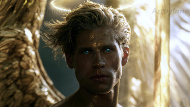 God's most radiant warriors. This AI-generated golden angel collection features stunningly handsome male angels with enormous golden feathered wings, bathed in golden radiant light rays and divine halo lighting. Set against backdrops ranging from chaotic battlefields to celestial heavenly realms, each golden angel radiates a divine beauty that is both commanding and breathtaking. Created using AI, edited in Photoshop, by © Jeff Dupler | Art by Innovation | https://www.artbyinnovation.com