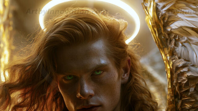 God's most radiant warriors. This AI-generated golden angel collection features stunningly handsome male angels with enormous golden feathered wings, bathed in golden radiant light rays and divine halo lighting. Set against backdrops ranging from chaotic battlefields to celestial heavenly realms, each golden angel radiates a divine beauty that is both commanding and breathtaking. Created using AI, edited in Photoshop, by © Jeff Dupler | Art by Innovation | https://www.artbyinnovation.com