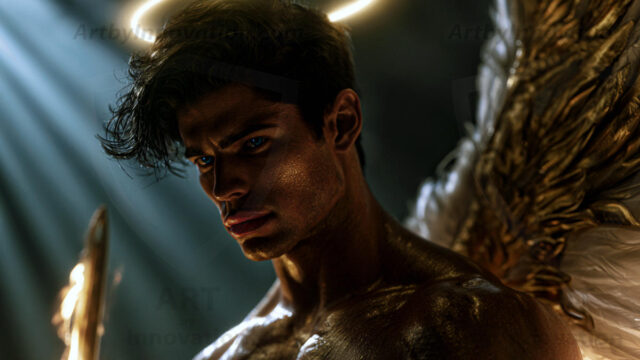 God's most radiant warriors. This AI-generated golden angel collection features stunningly handsome male angels with enormous golden feathered wings, bathed in golden radiant light rays and divine halo lighting. Set against backdrops ranging from chaotic battlefields to celestial heavenly realms, each golden angel radiates a divine beauty that is both commanding and breathtaking. Created using AI, edited in Photoshop, by © Jeff Dupler | Art by Innovation | https://www.artbyinnovation.com