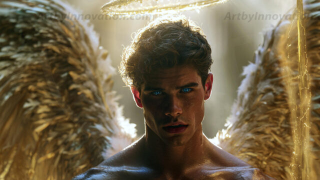 God's most radiant warriors. This AI-generated golden angel collection features stunningly handsome male angels with enormous golden feathered wings, bathed in golden radiant light rays and divine halo lighting. Set against backdrops ranging from chaotic battlefields to celestial heavenly realms, each golden angel radiates a divine beauty that is both commanding and breathtaking. Created using AI, edited in Photoshop, by © Jeff Dupler | Art by Innovation | https://www.artbyinnovation.com