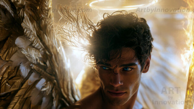 God's most radiant warriors. This AI-generated golden angel collection features stunningly handsome male angels with enormous golden feathered wings, bathed in golden radiant light rays and divine halo lighting. Set against backdrops ranging from chaotic battlefields to celestial heavenly realms, each golden angel radiates a divine beauty that is both commanding and breathtaking. Created using AI, edited in Photoshop, by © Jeff Dupler | Art by Innovation | https://www.artbyinnovation.com