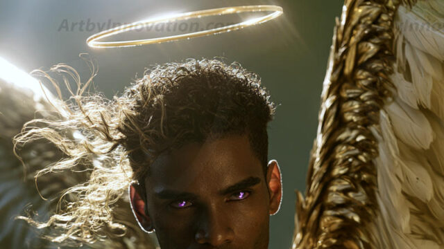 God's most radiant warriors. This AI-generated golden angel collection features stunningly handsome male angels with enormous golden feathered wings, bathed in golden radiant light rays and divine halo lighting. Set against backdrops ranging from chaotic battlefields to celestial heavenly realms, each golden angel radiates a divine beauty that is both commanding and breathtaking. Created using AI, edited in Photoshop, by © Jeff Dupler | Art by Innovation | https://www.artbyinnovation.com
