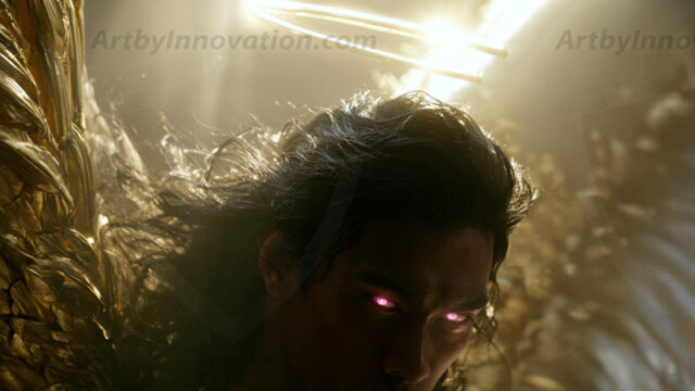 God's most radiant warriors. This AI-generated golden angel collection features stunningly handsome male angels with enormous golden feathered wings, bathed in golden radiant light rays and divine halo lighting. Set against backdrops ranging from chaotic battlefields to celestial heavenly realms, each golden angel radiates a divine beauty that is both commanding and breathtaking. Created using AI, edited in Photoshop, by © Jeff Dupler | Art by Innovation | https://www.artbyinnovation.com