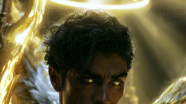 God's most radiant warriors. This AI-generated golden angel collection features stunningly handsome male angels with enormous golden feathered wings, bathed in golden radiant light rays and divine halo lighting. Set against backdrops ranging from chaotic battlefields to celestial heavenly realms, each golden angel radiates a divine beauty that is both commanding and breathtaking. Created using AI, edited in Photoshop, by © Jeff Dupler | Art by Innovation | https://www.artbyinnovation.com