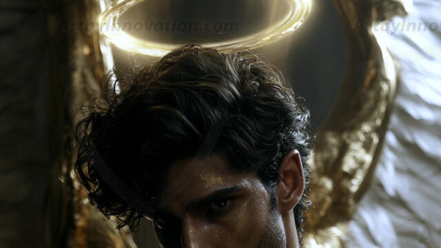 God's most radiant warriors. This AI-generated golden angel collection features stunningly handsome male angels with enormous golden feathered wings, bathed in golden radiant light rays and divine halo lighting. Set against backdrops ranging from chaotic battlefields to celestial heavenly realms, each golden angel radiates a divine beauty that is both commanding and breathtaking. Created using AI, edited in Photoshop, by © Jeff Dupler | Art by Innovation | https://www.artbyinnovation.com