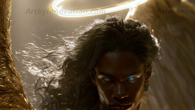 God's most radiant warriors. This AI-generated golden angel collection features stunningly handsome male angels with enormous golden feathered wings, bathed in golden radiant light rays and divine halo lighting. Set against backdrops ranging from chaotic battlefields to celestial heavenly realms, each golden angel radiates a divine beauty that is both commanding and breathtaking. Created using AI, edited in Photoshop, by © Jeff Dupler | Art by Innovation | https://www.artbyinnovation.com