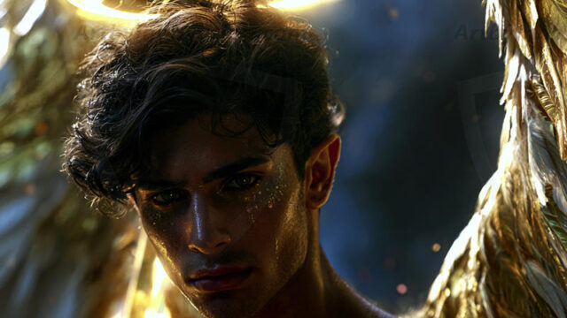 God's most radiant warriors. This AI-generated golden angel collection features stunningly handsome male angels with enormous golden feathered wings, bathed in golden radiant light rays and divine halo lighting. Set against backdrops ranging from chaotic battlefields to celestial heavenly realms, each golden angel radiates a divine beauty that is both commanding and breathtaking. Created using AI, edited in Photoshop, by © Jeff Dupler | Art by Innovation | https://www.artbyinnovation.com