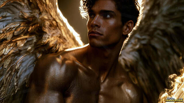 God's most radiant warriors. This AI-generated golden angel collection features stunningly handsome male angels with enormous golden feathered wings, bathed in golden radiant light rays and divine halo lighting. Set against backdrops ranging from chaotic battlefields to celestial heavenly realms, each golden angel radiates a divine beauty that is both commanding and breathtaking. Created using AI, edited in Photoshop, by © Jeff Dupler | Art by Innovation | https://www.artbyinnovation.com