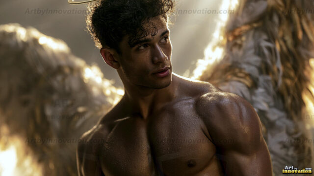 God's most radiant warriors. This AI-generated golden angel collection features stunningly handsome male angels with enormous golden feathered wings, bathed in golden radiant light rays and divine halo lighting. Set against backdrops ranging from chaotic battlefields to celestial heavenly realms, each golden angel radiates a divine beauty that is both commanding and breathtaking. Created using AI, edited in Photoshop, by © Jeff Dupler | Art by Innovation | https://www.artbyinnovation.com