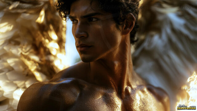 God's most radiant warriors. This AI-generated golden angel collection features stunningly handsome male angels with enormous golden feathered wings, bathed in golden radiant light rays and divine halo lighting. Set against backdrops ranging from chaotic battlefields to celestial heavenly realms, each golden angel radiates a divine beauty that is both commanding and breathtaking. Created using AI, edited in Photoshop, by © Jeff Dupler | Art by Innovation | https://www.artbyinnovation.com