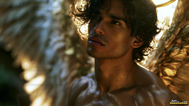 God's most radiant warriors. This AI-generated golden angel collection features stunningly handsome male angels with enormous golden feathered wings, bathed in golden radiant light rays and divine halo lighting. Set against backdrops ranging from chaotic battlefields to celestial heavenly realms, each golden angel radiates a divine beauty that is both commanding and breathtaking. Created using AI, edited in Photoshop, by © Jeff Dupler | Art by Innovation | https://www.artbyinnovation.com