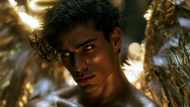 God's most radiant warriors. This AI-generated golden angel collection features stunningly handsome male angels with enormous golden feathered wings, bathed in golden radiant light rays and divine halo lighting. Set against backdrops ranging from chaotic battlefields to celestial heavenly realms, each golden angel radiates a divine beauty that is both commanding and breathtaking. Created using AI, edited in Photoshop, by © Jeff Dupler | Art by Innovation | https://www.artbyinnovation.com