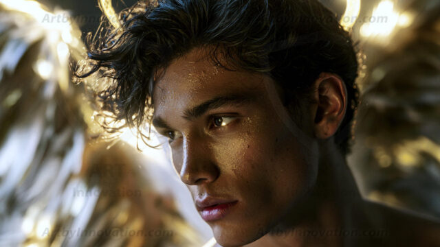 God's most radiant warriors. This AI-generated golden angel collection features stunningly handsome male angels with enormous golden feathered wings, bathed in golden radiant light rays and divine halo lighting. Set against backdrops ranging from chaotic battlefields to celestial heavenly realms, each golden angel radiates a divine beauty that is both commanding and breathtaking. Created using AI, edited in Photoshop, by © Jeff Dupler | Art by Innovation | https://www.artbyinnovation.com