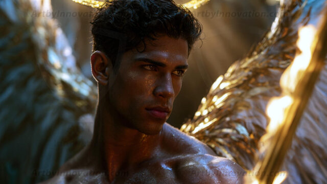 God's most radiant warriors. This AI-generated golden angel collection features stunningly handsome male angels with enormous golden feathered wings, bathed in golden radiant light rays and divine halo lighting. Set against backdrops ranging from chaotic battlefields to celestial heavenly realms, each golden angel radiates a divine beauty that is both commanding and breathtaking. Created using AI, edited in Photoshop, by © Jeff Dupler | Art by Innovation | https://www.artbyinnovation.com