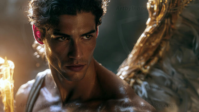 God's most radiant warriors. This AI-generated golden angel collection features stunningly handsome male angels with enormous golden feathered wings, bathed in golden radiant light rays and divine halo lighting. Set against backdrops ranging from chaotic battlefields to celestial heavenly realms, each golden angel radiates a divine beauty that is both commanding and breathtaking. Created using AI, edited in Photoshop, by © Jeff Dupler | Art by Innovation | https://www.artbyinnovation.com