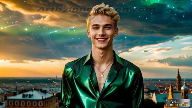 The Men of the Golden City is a collection of AI generated images of beautiful, glamorous, handsome guys in the heavens. The heavenly landscape evokes a sense of magnificence, the majestic gothic architecture, is detailed and crafted to create an atmosphere of reverence and divine glory. The mystical and galactic landscape highlights the golden city. The great detail of the city and the billowing clouds. A golden river flows from the city to the end of the galaxy. The vast galaxy almost covers the image. The stars and constellations sparkle in the galaxy. The city has massive, magnificent, majestic gothic architecture.