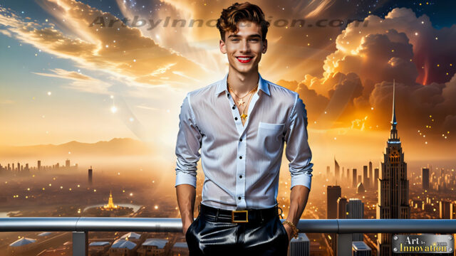 The Men of the Golden City is a collection of AI generated images of beautiful, glamorous, handsome guys in the heavens. The heavenly landscape evokes a sense of magnificence, the majestic gothic architecture, is detailed and crafted to create an atmosphere of reverence and divine glory. The mystical and galactic landscape highlights the golden city. The great detail of the city and the billowing clouds. A golden river flows from the city to the end of the galaxy. The vast galaxy almost covers the image. The stars and constellations sparkle in the galaxy. The city has massive, magnificent, majestic gothic architecture.