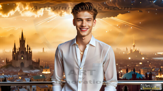 The Men of the Golden City is a collection of AI generated images of beautiful, glamorous, handsome guys in the heavens. The heavenly landscape evokes a sense of magnificence, the majestic gothic architecture, is detailed and crafted to create an atmosphere of reverence and divine glory. The mystical and galactic landscape highlights the golden city. The great detail of the city and the billowing clouds. A golden river flows from the city to the end of the galaxy. The vast galaxy almost covers the image. The stars and constellations sparkle in the galaxy. The city has massive, magnificent, majestic gothic architecture.