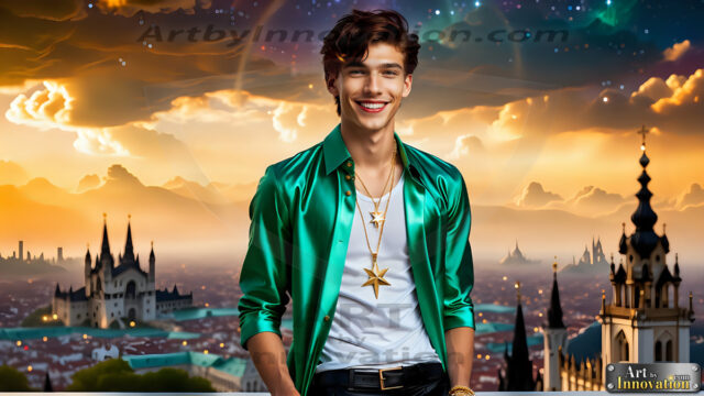 The Men of the Golden City is a collection of AI generated images of beautiful, glamorous, handsome guys in the heavens. The heavenly landscape evokes a sense of magnificence, the majestic gothic architecture, is detailed and crafted to create an atmosphere of reverence and divine glory. The mystical and galactic landscape highlights the golden city. The great detail of the city and the billowing clouds. A golden river flows from the city to the end of the galaxy. The vast galaxy almost covers the image. The stars and constellations sparkle in the galaxy. The city has massive, magnificent, majestic gothic architecture.