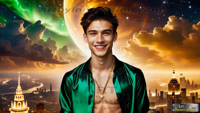 The Men of the Golden City is a collection of AI generated images of beautiful, glamorous, handsome guys in the heavens. The heavenly landscape evokes a sense of magnificence, the majestic gothic architecture, is detailed and crafted to create an atmosphere of reverence and divine glory. The mystical and galactic landscape highlights the golden city. The great detail of the city and the billowing clouds. A golden river flows from the city to the end of the galaxy. The vast galaxy almost covers the image. The stars and constellations sparkle in the galaxy. The city has massive, magnificent, majestic gothic architecture.