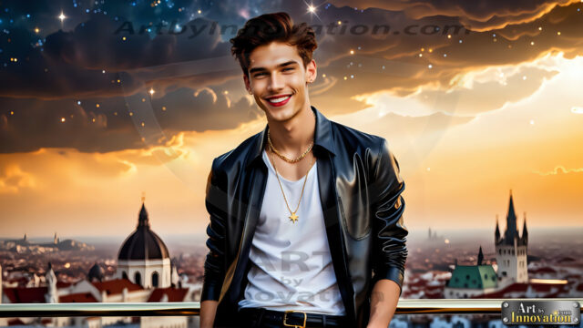 The Men of the Golden City is a collection of AI generated images of beautiful, glamorous, handsome guys in the heavens. The heavenly landscape evokes a sense of magnificence, the majestic gothic architecture, is detailed and crafted to create an atmosphere of reverence and divine glory. The mystical and galactic landscape highlights the golden city. The great detail of the city and the billowing clouds. A golden river flows from the city to the end of the galaxy. The vast galaxy almost covers the image. The stars and constellations sparkle in the galaxy. The city has massive, magnificent, majestic gothic architecture.