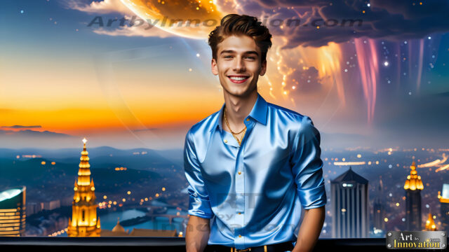 The Men of the Golden City is a collection of AI generated images of beautiful, glamorous, handsome guys in the heavens. The heavenly landscape evokes a sense of magnificence, the majestic gothic architecture, is detailed and crafted to create an atmosphere of reverence and divine glory. The mystical and galactic landscape highlights the golden city. The great detail of the city and the billowing clouds. A golden river flows from the city to the end of the galaxy. The vast galaxy almost covers the image. The stars and constellations sparkle in the galaxy. The city has massive, magnificent, majestic gothic architecture.