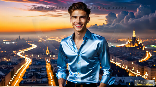 The Men of the Golden City is a collection of AI generated images of beautiful, glamorous, handsome guys in the heavens. The heavenly landscape evokes a sense of magnificence, the majestic gothic architecture, is detailed and crafted to create an atmosphere of reverence and divine glory. The mystical and galactic landscape highlights the golden city. The great detail of the city and the billowing clouds. A golden river flows from the city to the end of the galaxy. The vast galaxy almost covers the image. The stars and constellations sparkle in the galaxy. The city has massive, magnificent, majestic gothic architecture.