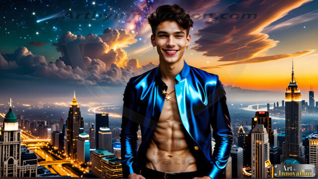 The Men of the Golden City is a collection of AI generated images of beautiful, glamorous, handsome guys in the heavens. The heavenly landscape evokes a sense of magnificence, the majestic gothic architecture, is detailed and crafted to create an atmosphere of reverence and divine glory. The mystical and galactic landscape highlights the golden city. The great detail of the city and the billowing clouds. A golden river flows from the city to the end of the galaxy. The vast galaxy almost covers the image. The stars and constellations sparkle in the galaxy. The city has massive, magnificent, majestic gothic architecture.