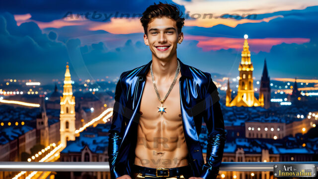 The Men of the Golden City is a collection of AI generated images of beautiful, glamorous, handsome guys in the heavens. The heavenly landscape evokes a sense of magnificence, the majestic gothic architecture, is detailed and crafted to create an atmosphere of reverence and divine glory. The mystical and galactic landscape highlights the golden city. The great detail of the city and the billowing clouds. A golden river flows from the city to the end of the galaxy. The vast galaxy almost covers the image. The stars and constellations sparkle in the galaxy. The city has massive, magnificent, majestic gothic architecture.