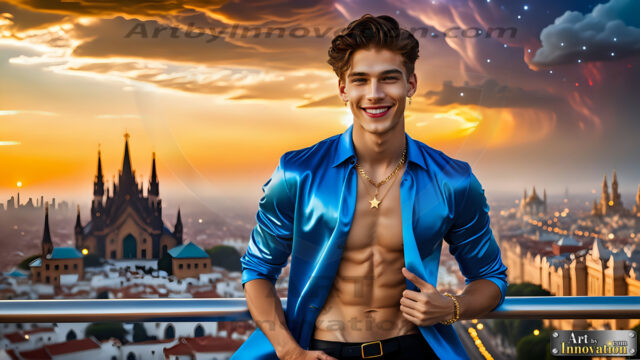 The Men of the Golden City is a collection of AI generated images of beautiful, glamorous, handsome guys in the heavens. The heavenly landscape evokes a sense of magnificence, the majestic gothic architecture, is detailed and crafted to create an atmosphere of reverence and divine glory. The mystical and galactic landscape highlights the golden city. The great detail of the city and the billowing clouds. A golden river flows from the city to the end of the galaxy. The vast galaxy almost covers the image. The stars and constellations sparkle in the galaxy. The city has massive, magnificent, majestic gothic architecture.