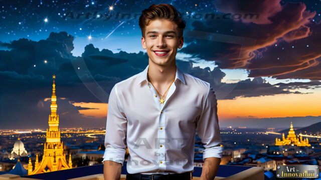 The Men of the Golden City is a collection of AI generated images of beautiful, glamorous, handsome guys in the heavens. The heavenly landscape evokes a sense of magnificence, the majestic gothic architecture, is detailed and crafted to create an atmosphere of reverence and divine glory. The mystical and galactic landscape highlights the golden city. The great detail of the city and the billowing clouds. A golden river flows from the city to the end of the galaxy. The vast galaxy almost covers the image. The stars and constellations sparkle in the galaxy. The city has massive, magnificent, majestic gothic architecture.